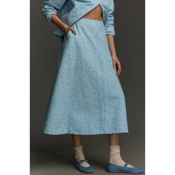 Anthropologie Marimekko Midi Skirt Blue Piirto Unikko Preppy Retro Size 34 New - Picture 5 of 13